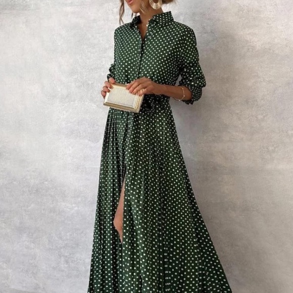Dresses & Skirts - Green polka dots dress maxi long sleeve button up tie waist NWT summer fall XL
